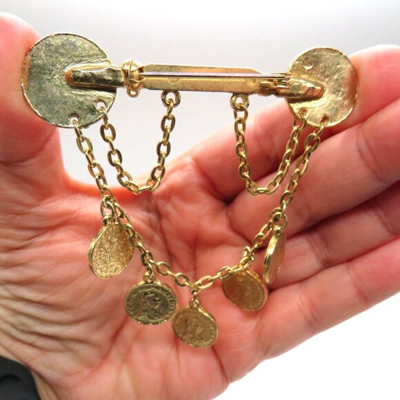 Vintage Imitation Coin Brooch 3" Gold Tone Pin Draped Chain Dangle Faux Change - Picture 5 of 12